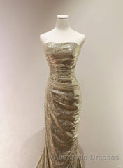 Gold Sequins Mermaid Scoop Long Evening Prom Dresses, Gold Long Evening Prom Dresses Party Dresses