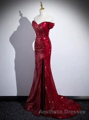 Dark Red Sequins Mermaid Sweetheart Evening Prom Dresses, Dark Red Evening Dresses