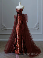Wine Red Sequins and Tulle Beaded Long Party Dresses, Wine Red Evening Dresses