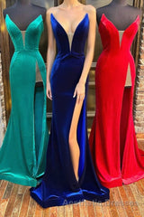 Red Velvet Strapless Mermaid Long Formal Dresses with Slit
