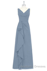 Dusty Blue V-Neck Banded Waist Ruffled Long Bridesmaid Dresses