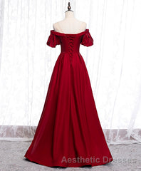 Simple Sweetheart Burgundy Satin Long Evening Prom Dresses, Burgundy Evening Prom Dresses
