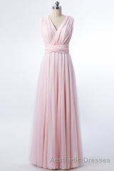 Blush Pink V-Neck Lace-Up A-Line Bridesmaid Dresses