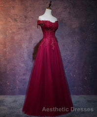 Burgundy Tulle Lace Off Shoulder Long Evening Prom Dresses, Burgundy Lace Evening Prom Dresses