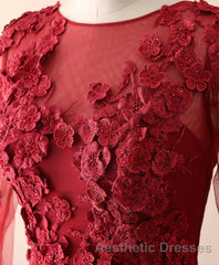 Burgundy Lace Satin Long Evening Prom Dresses, Burgundy Lace Evening Prom Dresses
