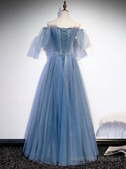 Blue Sweetheart Tulle Sequin Long Prom Dress, Blue Formal Dress, 1