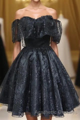Black Sweetheart Tulle Short Lace Evening Prom Dresses, Lace Homecoming Dresses