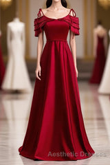Burgundy Satin Beads Long Evening Prom Dresses, Burgundy Evening Prom Dresses