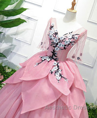 Pink V Neck Tulle Lace Applique Long Evening Prom Dresses, Pink Evening Dresses, 1