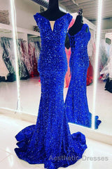Blue Sequin V-Neck Lace-Up Mermaid Long Formal Dresses
