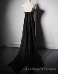 Black Soft Satin A-Line Floor Length Evening Prom Dresses, Black Straps Long Evening Prom Dresses