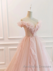 Pink Tulle Off The Shoulder A-Line Tulle Ruffles Floor-Length Evening Prom Dresses, Pink Long Party Dresses