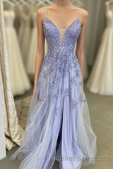 Lavender Tulle V-Neckline Long Party Dresses, Lavender Straps Evening Prom Dresses Formal Dresses