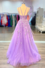 A-Line Tulle Princess Light Purple Evening Prom Dresses With Appliques, Tulle Straps Formal Dresses