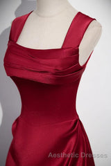 A-Line Sleeveless Wine Red Satin Evening Prom Dresses, Wine Red Long Evening Prom Dresses