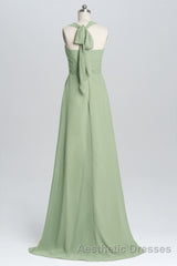 Halter Sage Pleated Ruffles Long Bridesmaid Dresses
