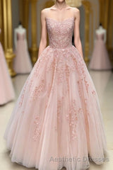 Lace Appliques Pink A LineTulle Long Evening Prom Dresses With Straps