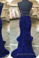 Mermaid Red Sequin V-Neck Lace-Up Back Evening Prom Dresses