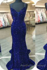 Mermaid Red Sequin V-Neck Lace-Up Back Evening Prom Dresses