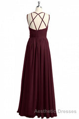 Burgundy Chiffon Spaghetti Straps A-line Long Bridesmaid Dresses
