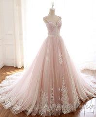 Pink Sweetheart Lace Tulle Long Evening Prom Dresses, Lace Pink Evening Dresses