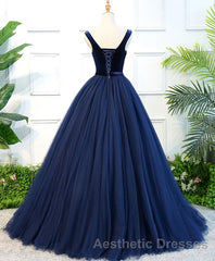 Dark Blue Tulle Long Evening Prom Dresses, Dark Blue Tulle Evening Prom Dresses