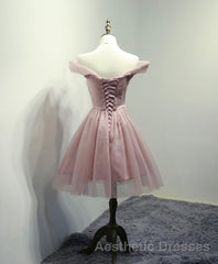 Simple V Neck Tulle Off Shoulder Short Evening Prom Dresses, Pink Homecoming Dresses