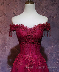 Burgundy Tulle Lace Off Shoulder Long Evening Prom Dresses, Burgundy Lace Evening Prom Dresses