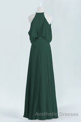 Hunter Green Chiffon A-line Long Bridesmaid Dresses with Cold Sleeves