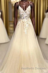 Champagne V Neck Tulle Lace Long Evening Prom Dresses Evening Prom Dresses