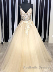 Champagne V Neck Tulle Lace Long Evening Prom Dresses Evening Prom Dresses