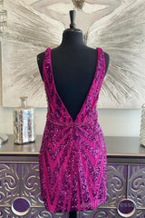 Fuchsia Plunging V Neck Sequins-Embroidery Sheath Homecoming Dress