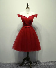 Simple V Neck Tulle Off Shoulder Short Evening Prom Dresses, Pink Homecoming Dresses