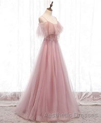 Pink Sweetheart Tulle Long Evening Prom Dresses, Pink Tulle Formal Dresses, 1
