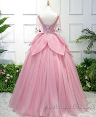 Pink V Neck Tulle Lace Applique Long Evening Prom Dresses, Pink Evening Dresses, 1