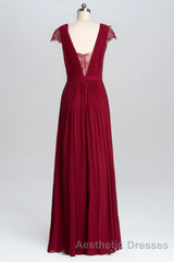 Wine Red A-line Chiffon Long Bridesmaid Dresses with Cap Sleeves