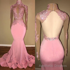 Alluring Pink Mermaid Long Sleeves Backless Elastic Satin Open Front High Neck Prom Dresses 2025