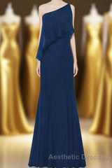 One Shoulder Navy Blue Flounce Mermaid Long Bridesmaid Dresses