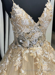 Champagne V Neck Tulle Lace Long Evening Prom Dresses Evening Prom Dresses
