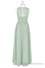 Sage Green Chiffon Sheer Neck A-Line Long Bridesmaid Dresses