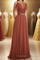Rust Orange Chiffon Cold-Shoulder Long Bridesmaid Dresses