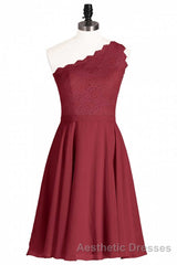 One-Shoulder Burgundy Lace A-Line Short Bridesmaid Dresses