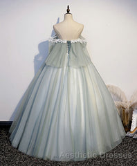 Green Tulle Lace Long Evening Prom Dresses, Green Tulle Sweetheart Dresses