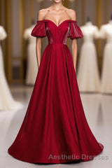 Simple Sweetheart Burgundy Satin Long Evening Prom Dresses, Burgundy Evening Prom Dresses