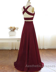Two Piece Evening Prom Dresses A-Line Floor-length Burgundy Chiffon Evening Prom Dresses