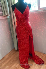 High Slit Blue Sequins Straps Mermaid Evening Prom Dresses