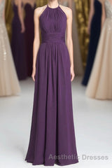 Purple Halter A-line Pleated Long Bridesmaid Dresses
