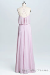 Pink Straps Flounce Chiffon A-line Long Bridesmaid Dresses
