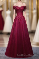 Burgundy Tulle Lace Off Shoulder Long Evening Prom Dresses, Burgundy Lace Evening Prom Dresses