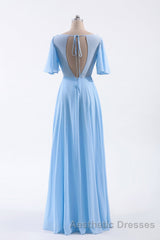 Flutter Sleeves Blue Chiffon A-line Long Bridesmaid Dresses